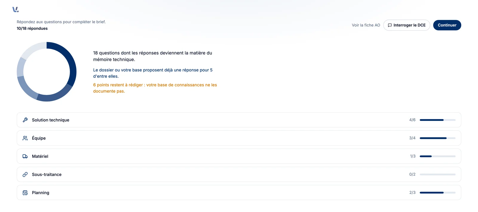 Écran du brief de l'application Vialogic : répartition des questions par thème et progression des réponses