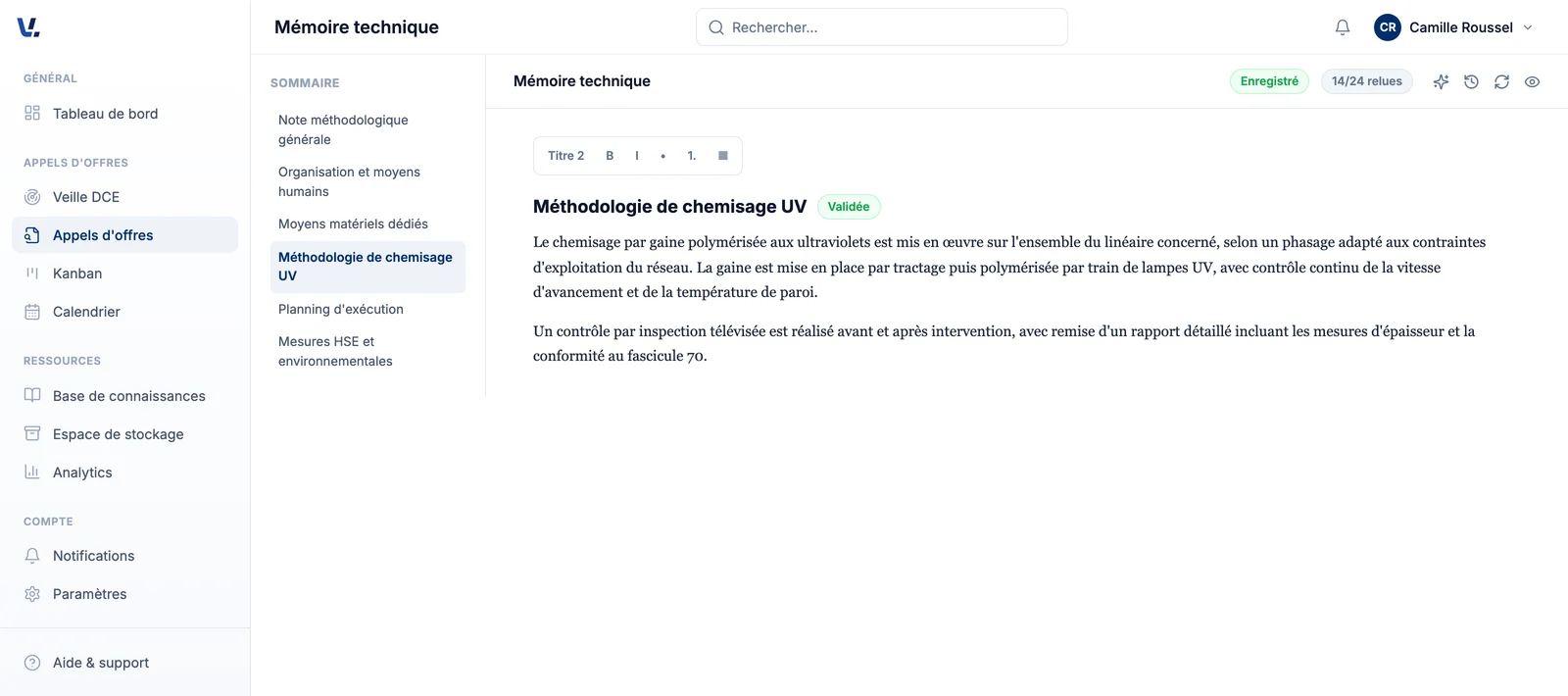 Écran de l'éditeur du mémoire technique de l'application Vialogic : sommaire, barre d'outils et texte rédigé