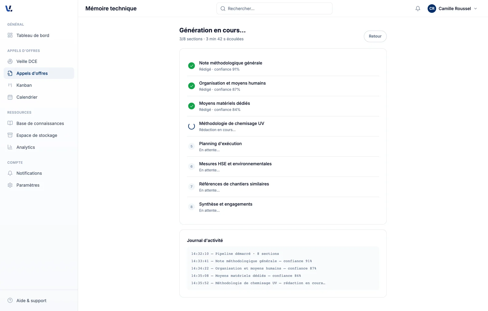 Écran de génération de l'application Vialogic : progression section par section et journal d'activité