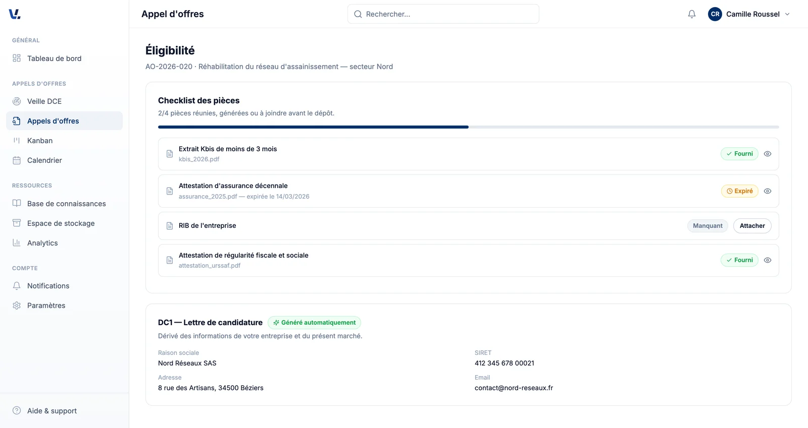 Écran des pièces administratives de l'application Vialogic : checklist des pièces à joindre et DC1 généré automatiquement